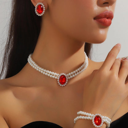 Ensemble de Bijoux Élégant en Perles et Strass: Collier, Bracelet et Boucles d'Oreilles